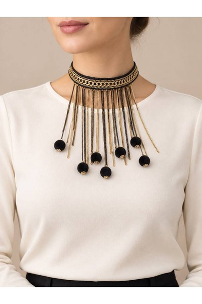 KESKİN AKSESUAR KADIN SİYAH PONPON DETAYLI GOLD SARKIT ZİNCİRLİ CHOKER KOLYE