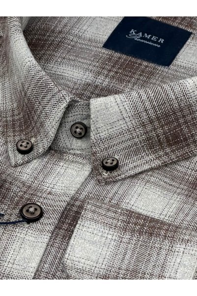 KAMER Battal (Large Size) Winter Buttoned Collar Checked Beige Shirt 3871E