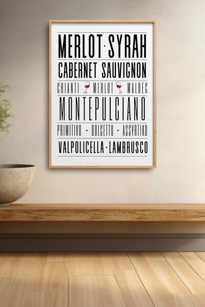 HOMEPACK Tipografie cu soiuri de vin roșu, tablou înrămat, poster pentru bar,...
