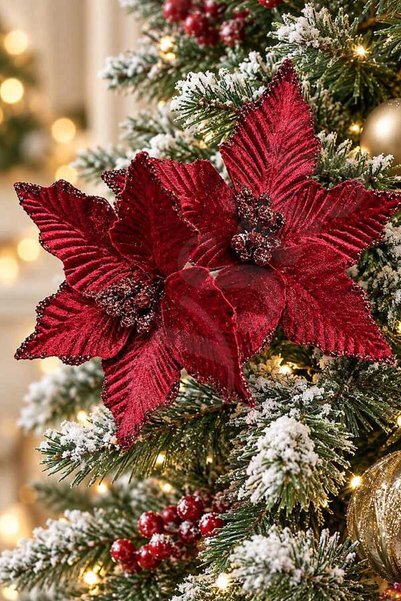 BeySüS Yılbaşı Ağacı Süsü Bordo Ata Çiçek 14 cm 2li