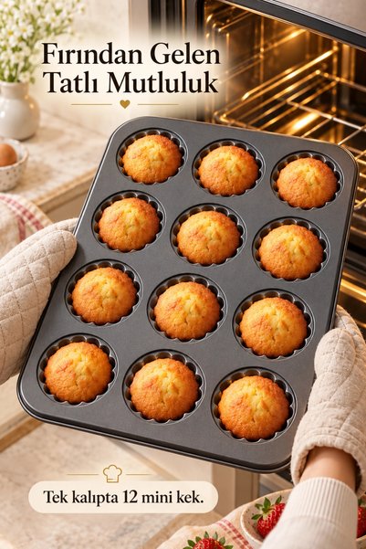 Tilbe Home 12'li Gül Kabartma Muffin Kalıbı Yapışmaz Cupcake Kek Kapsül Brownie Fırın Tepsisi Paslanmaz Siyah