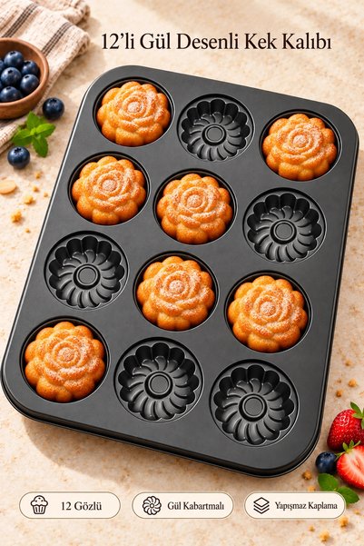 Tilbe Home 12'li Gül Kabartma Muffin Kalıbı Yapışmaz Cupcake Kek Kapsül Brownie Fırın Tepsisi Paslanmaz Siyah