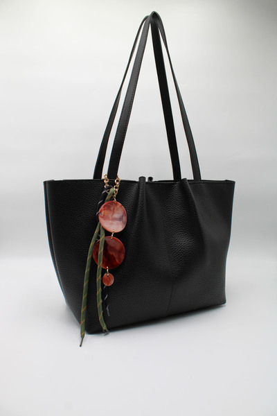 LASSO Women's Black Textured Large Volume Zippered Hand, Arm and Shoulder Bag with Laces and Buckle Charms