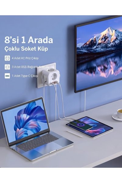 lstri kıllı Küp Priz 8'i 1 Arada Çoklayıcı, 4 AC Fiş Girişi + 3 USB + 1 Type-C Hızlı Şarj Portu, Güç Düğmeli Topraklı Priz Adaptörü
