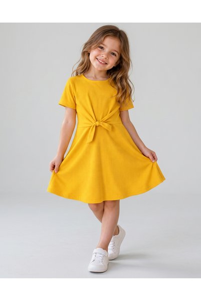 Merlot Ribbed Children's Dress with Tie Detail Yellow