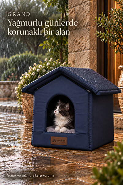 Grand, Dış Mekan Kedi ve Küçük Irk Köpek Evi, Yağmur ve Soğuk Korumalı Kedi Evi , Fermuarlı Tavan, Yıkanabilir Minder Kılıfı Kedi Evi ,45x55 cm