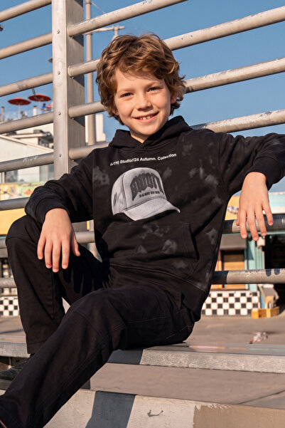 Fulla Moda Hat Printed Hooded Kangaroo Pocket Boys' Sweatshirt