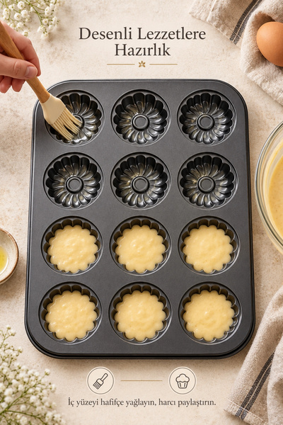 Tilbe Home 12'li Gül Kabartma Muffin Kalıbı Yapışmaz Cupcake Kek Kapsül Brownie Fırın Tepsisi Paslanmaz Siyah