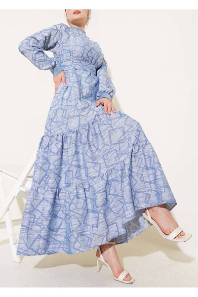 Hepsi Moda Geometric Patterned Dress - Denim Color