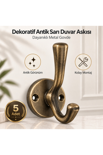 Badem10 Antik Sarı 5 Adet Duvar Askısı Dekoratif Metal Vestiyer Portmanto Ban...