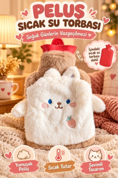 TUMU LIFE Peluş Kılıflı Ayıcık Emojili Sıcak Su Torbası Cepli El Geçmeli Sıca...