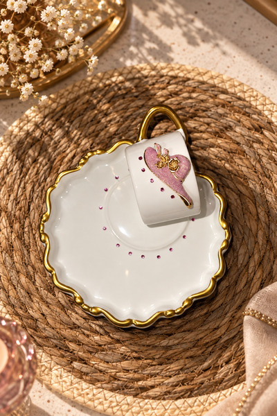 luxurychampagnetr Edora Casa Ceramic Turkish Coffee Cup Set with Pink Hat Figures and Stone Gold Detail
