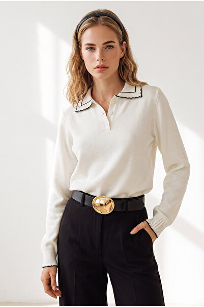 Olalook Women's Ecru Crochet Detailed Polo Collar Soft Textured Knitwear Blou...