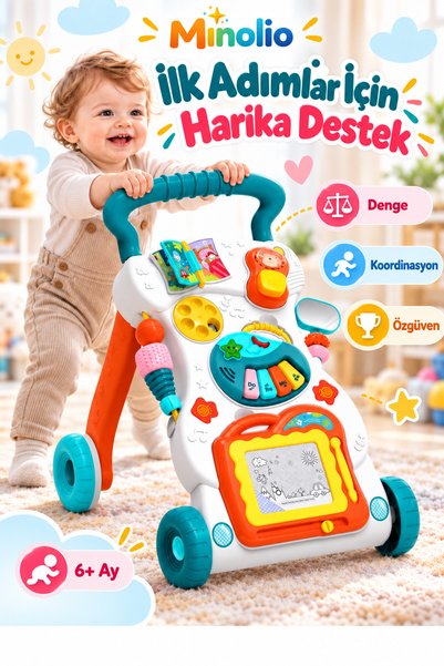 Minolio 2’si 1 Arada Müzikli Yürüme Yardımcısı İlk Adım Arabası ve Eğitici Ak...