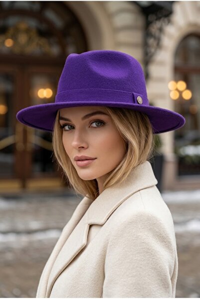 Belifanti Collection Дамска лилава широкопола шапка тип федора от твърд филц ...