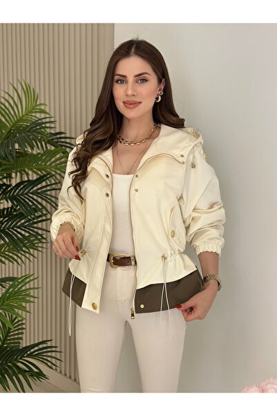 Hazel Butik Kadın Kapüşonlu Beli Büzgülü Gold Detaylı Mevsimlik Ceket Ekru