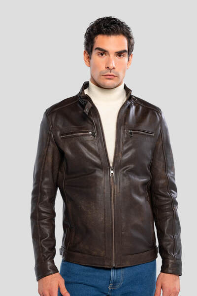 Tamer Tanca Men's Genuine Leather Whiskey Tumbled Leather Coat