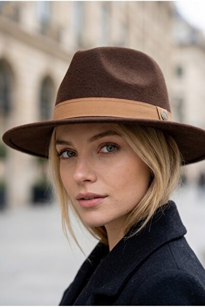 Belifanti Collection Pălărie Fedora din pâslă rigidă, maro, cu boruri largi, pentru femei, cu curea cu cataramă metalică, pălărie de iarnă Panama Cowboy