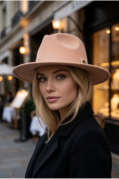Belifanti Collection Pălărie Fedora din pâslă rigidă, roz pudrat, pentru femei, cu boruri largi, cu curea cu cataramă metalică, pălărie de iarnă Panama Cowboy