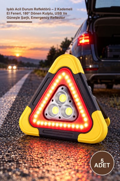 Yenilig 5 Adet Işıklı Acil Durum Reflektörü – 2 Kademeli El Feneri, 180° Dönen Kulplu, USB Ve Güneşle Şarjlı, Emergency Reflector