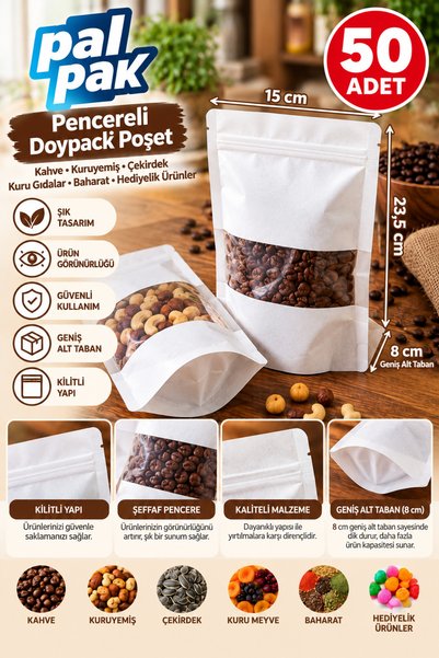 PALPAK Pencereli Kilitli Poşet – Kahve, Kuruyemiş ve Gıda Ambalajı (15x23,5+8 Cm) 50 Adet
