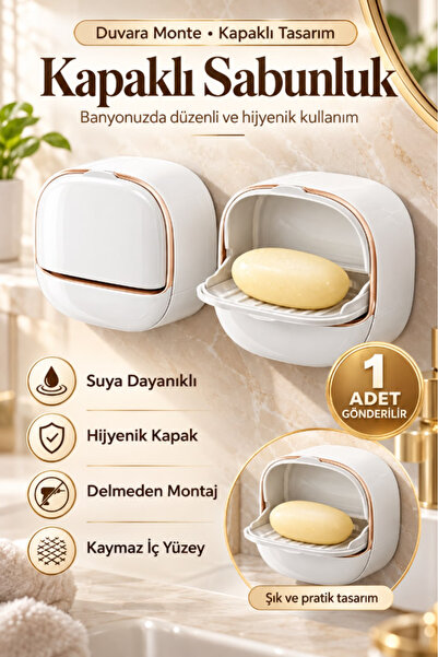 AYGÖREN HOME Yapışkanlı Hazneli Kapaklı Katı Sabunluk Kendinden Boşaltmalı Su...