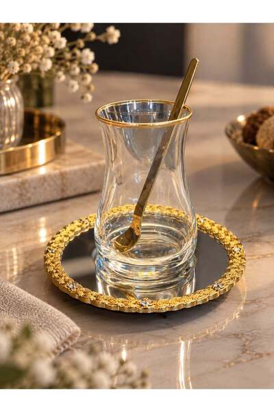 18 Parça Palace Mirror Gold İşlemeli Çelik Tabaklı Çay Takımı