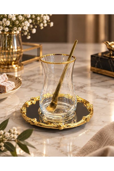 Onedekor 18 Parça Royal Gold İşlemeli Çelik Tabaklı Çay Takımı