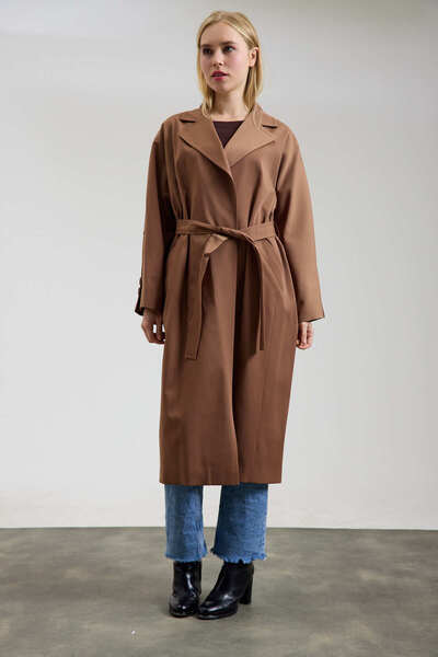 KENT Kuşaklı Oversize Uzun Pamuklu Trençkot Koyu Camel