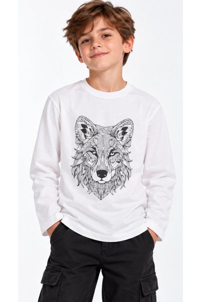 İrem Çocuk Giyim Boy's Wolf Patterned Long Sleeve Ecru Color Combed Cotton (T...
