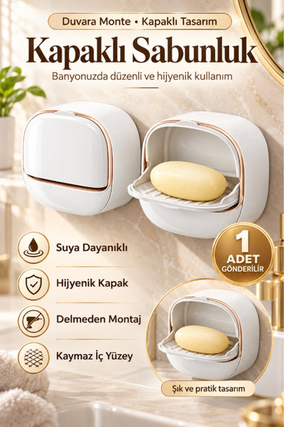 TUMU LIFE Yapışkanlı Hazneli Kapaklı Katı Sabunluk Kendinden Boşaltmalı Su Tu...