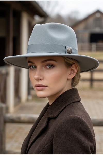 Belifanti Collection Women's Gray Wide Brim Hard Felt Fedora Hat with Metal Buckle Belted Panama Cowboy Winter Hat
