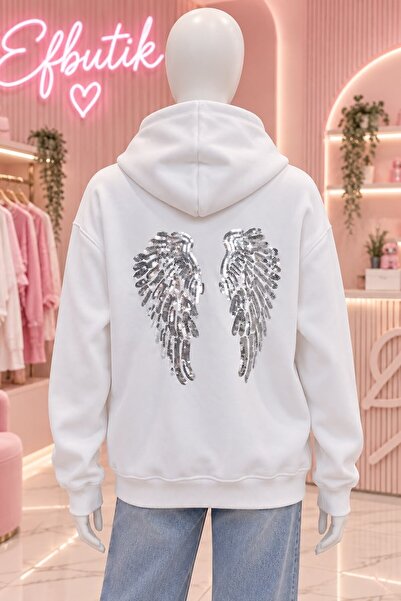 EFBUTİK White Unisex Sequin Wing Patterned Oversize Hooded Sweatshirt