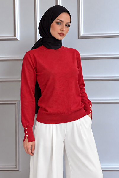 Tesettür Dünyası Strickpullover mit goldenen Knopfmanschetten TSD260348 Rot
