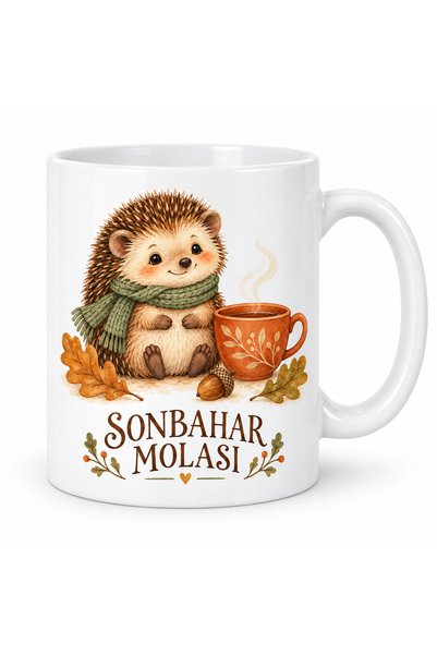 ARNEER Sonbahar Molası Kirpi Tasarımlı Porselen Kupa - Yaprak Ve Kahve Temalı - Model 258