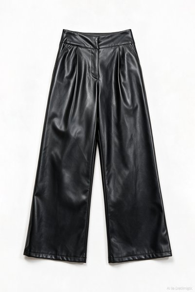 Quzu Pantaloni din piele cu talie elastică și picior larg, negri