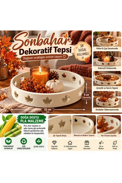 NİLCANDLE Sonbahar Dekoratif Tepsi 23 CM Çap 5 CM Yükseklik Yaprak Desenli De...