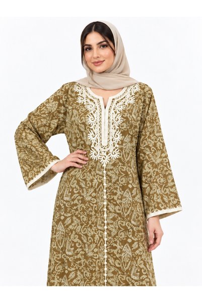 White colour جلابية نسائية بنقشة نباتية وتطريز أنيق