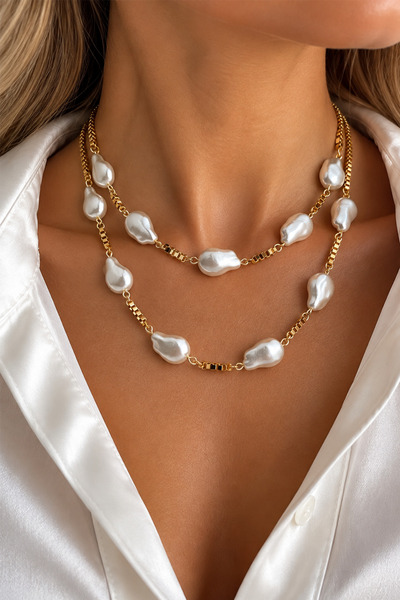Modex Gold Color Baroque Pearl Detailed Elegant Double Necklace (45-40cm)