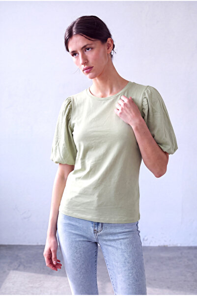 WESTMARK LONDON Women's Light Olive Green Cotton Crew Neck Short Balloon Slee...