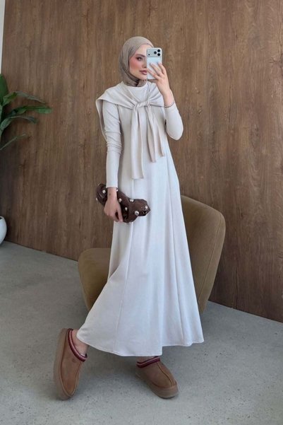 Şule Giyim Meylin Shawl Detail Dress Stone