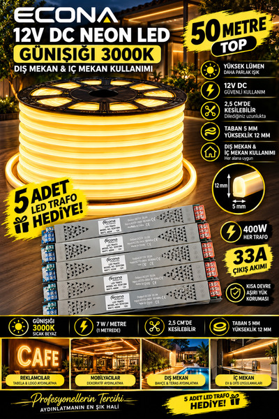ECONA 50 METRE 12V DC Neon LED Işık -Günışığı (3000K), TABELA AYDINLATMA LEDİ...