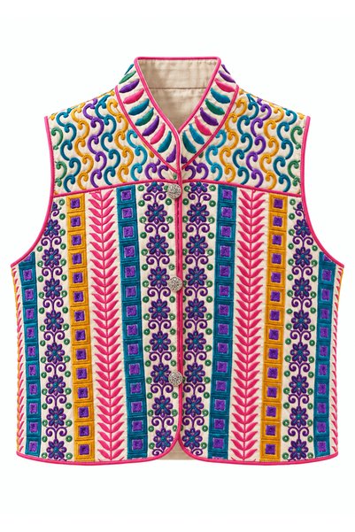 Defne Silver Imported Hand Embroidered Linen Suzani Vest