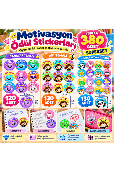 380 adet 3 farlı tema Öğretmen etiketi | Motivasyon & Başarı Sticker – A4 Premium