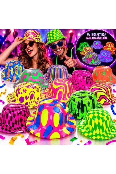 ELİSY Neon Patterned Uv Light Glowing Party Hat - Assorted 1 Piece