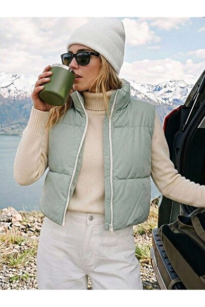 ladyzey Ženski menta beli dvostrani kratki puffer prsluk sa šest vezica