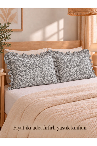 Decamor home Coton 2 Pieces Cotton Fabric Gray Mini Floral Ruffle Pillow Case