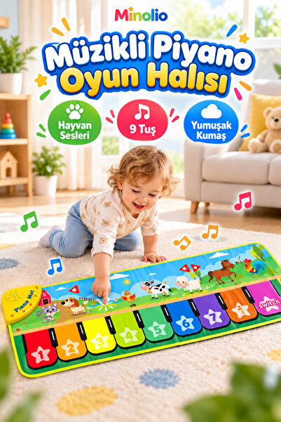 Minolio Müzikli Piyano Oyun Halısı – Dokunmatik Hayvan Sesli Eğitici Bebek Ak...