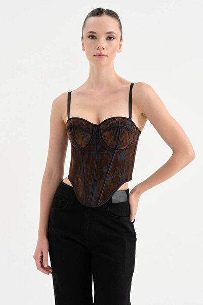 tw3 Women's Velvet Fabric Corset with Padded Bust and Underwire Strap Design