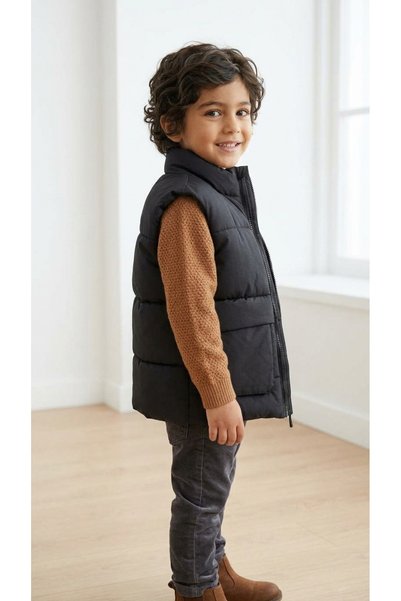 Motebarn Wear Erkek Çocuk Dik Yaka Şişme Yelek - Çift Cepli Günlük Comfort Fit Yelek